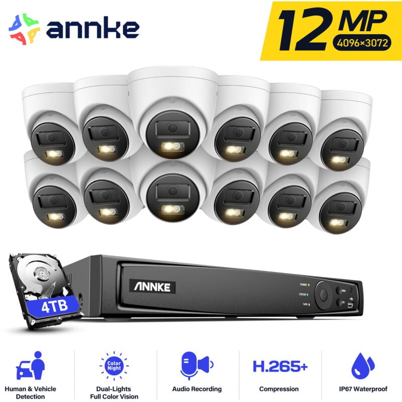 Kit de vidéosurveillance extérieure 12 mp, 16 caméras extérieures PoE 12 mp avec audio, détection de personnes/véhicules nvr 16 canaux, vision