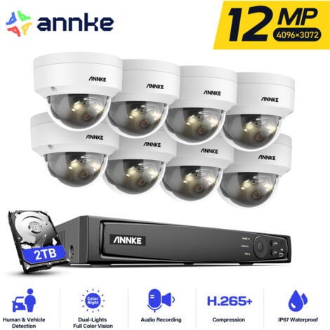 ANNKE Kit de vidéosurveillance extérieure 12 MP, 8 caméras extérieures avec vision nocturne couleur et infrarouge, microphone intégré, détection de personnes/véhicules, vidéosurveillance 24h/7 - 2 To