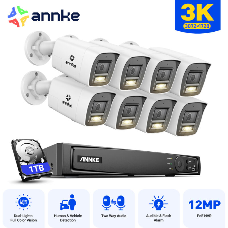 Annke - Kit de Vidéosurveillance Exterieure 8CH nvr 8×Caméras Intelligente Double Lumière Vision Nocturne, Audio 2 Voies,Détection Mouvement,Kit