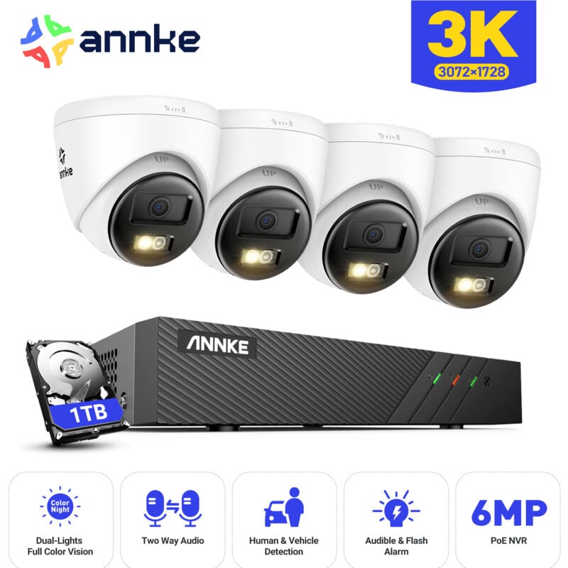 Annke - Kit de Vidéosurveillance poe Exterieure 4×5MP ip Caméras Audio 2 Voies,Vision Nocturne Couleur,Détection de Mouvement,APP/PC à Distance 1TB