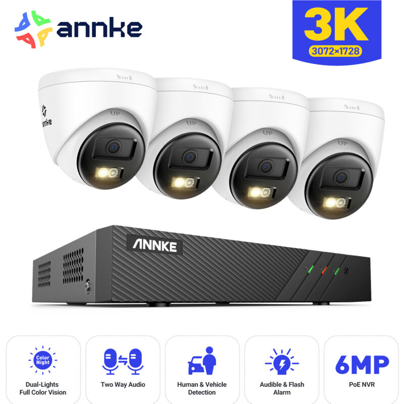 Kit de Vidéosurveillance poe Exterieure 4×5MP ip Caméras Audio 2 Voies,Vision Nocturne Couleur,Détection de Mouvement,APP/PC à Distance - Annke