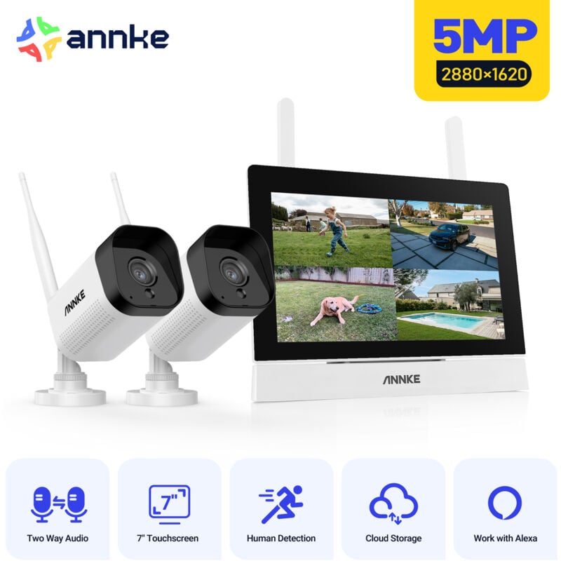 Annke - Kit Surveillance sans Fil avec Écran lcd 7',2×5MP WiFi Caméras de Surveillance Extérieures 4CH 5MP nvr avec Écran Tactile IPS,Vision
