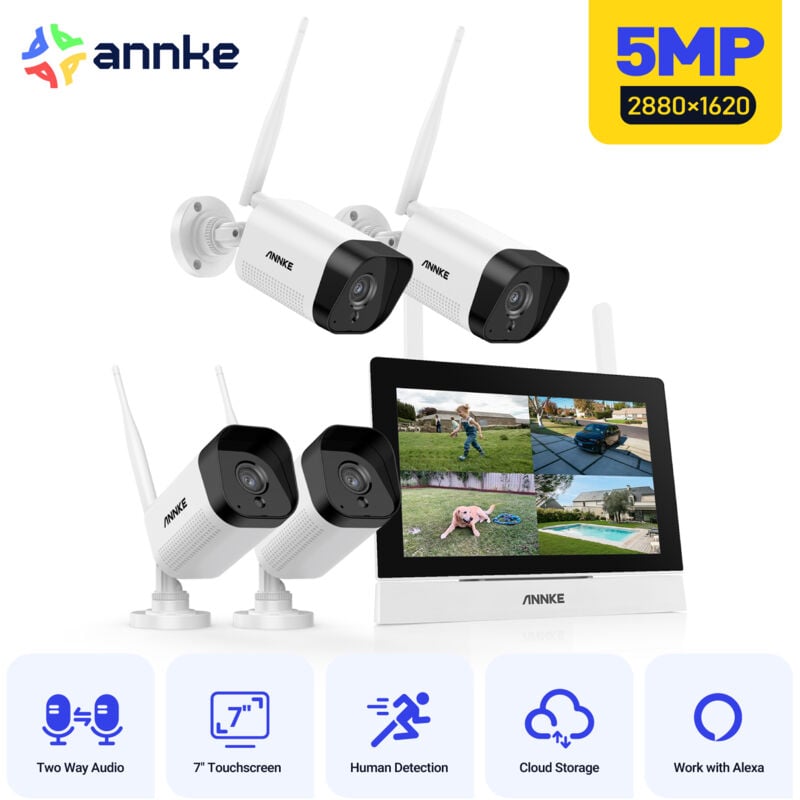 Kit Surveillance sans Fil avec Écran lcd 7',4×5MP WiFi Caméras de Surveillance Extérieures 4CH 5MP nvr avec Écran Tactile IPS,Vision Nocturne,Audio
