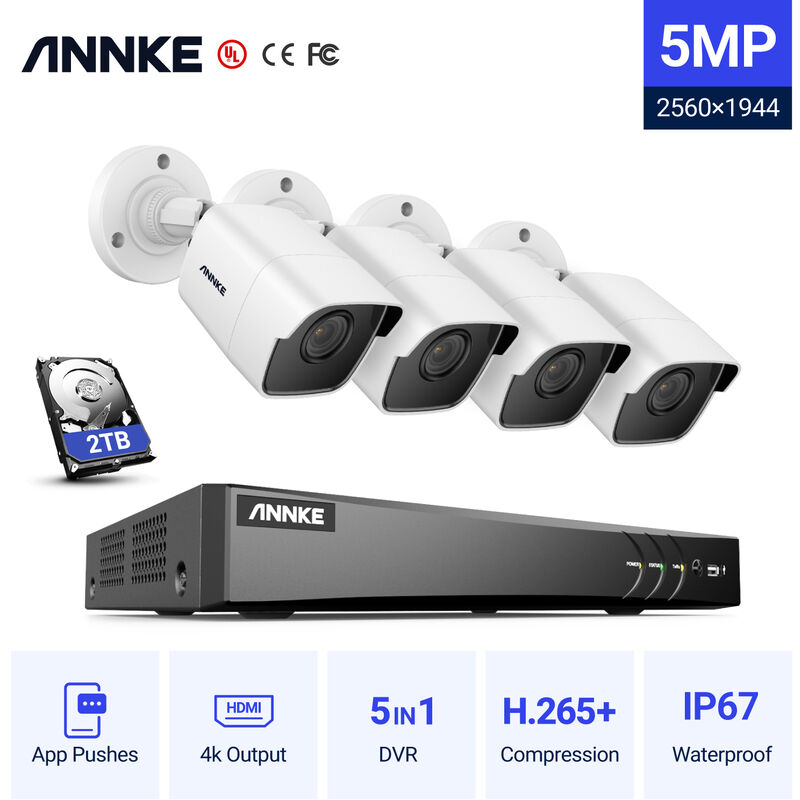 

ANNKE Kits de videovigilanciaSistema de cámara CCTV 8 canales Ultra HD 4K H.265 + DVR y 4 cámaras HD de 5MP resistentes a la intemperie con visión