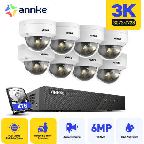 ANNKE Outdoor H.265+ 3K 8 Dome Cameras 2.8mm Lens,Built-in microphone,Waterproof IP67，8 Channel NVR System - 4TB HDD