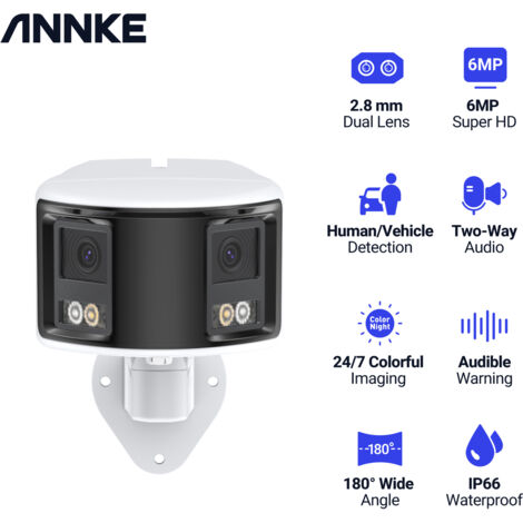 ANNKE Outdoor PoE Security Camera for 180° Wide FOV 6MP Dual-Lens Surveillance Cam Color Night Vision Two Way Audio IP Camera