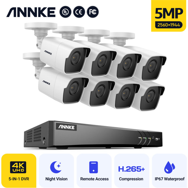 

Sistema de cámara CCTV 8 canales Ultra HD 4K H.265 + DVR y cámaras HD de 8 × 5MP con visión nocturna IR LED EXIR, alerta por correo electrónico con