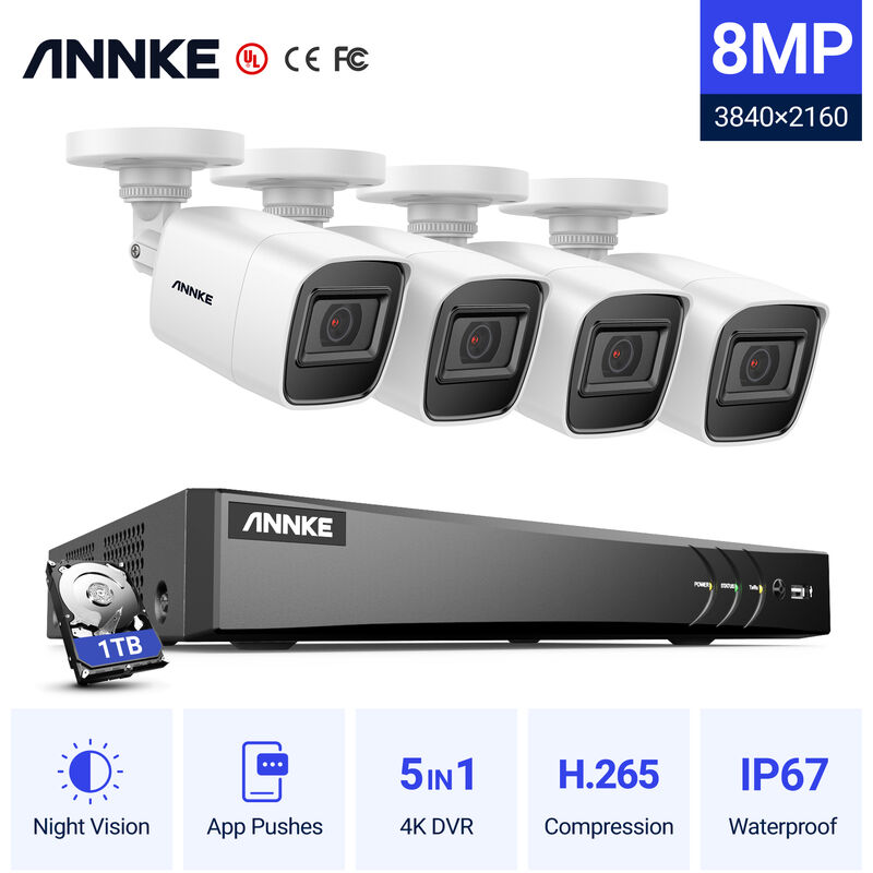 

ANNKE Sistema de cámara CCTV DVR Ultra HD 4K H.265 de 8 canales y cámaras 4 × 4K HD resistentes a la intemperie con visión nocturna IR LED EXIR - con