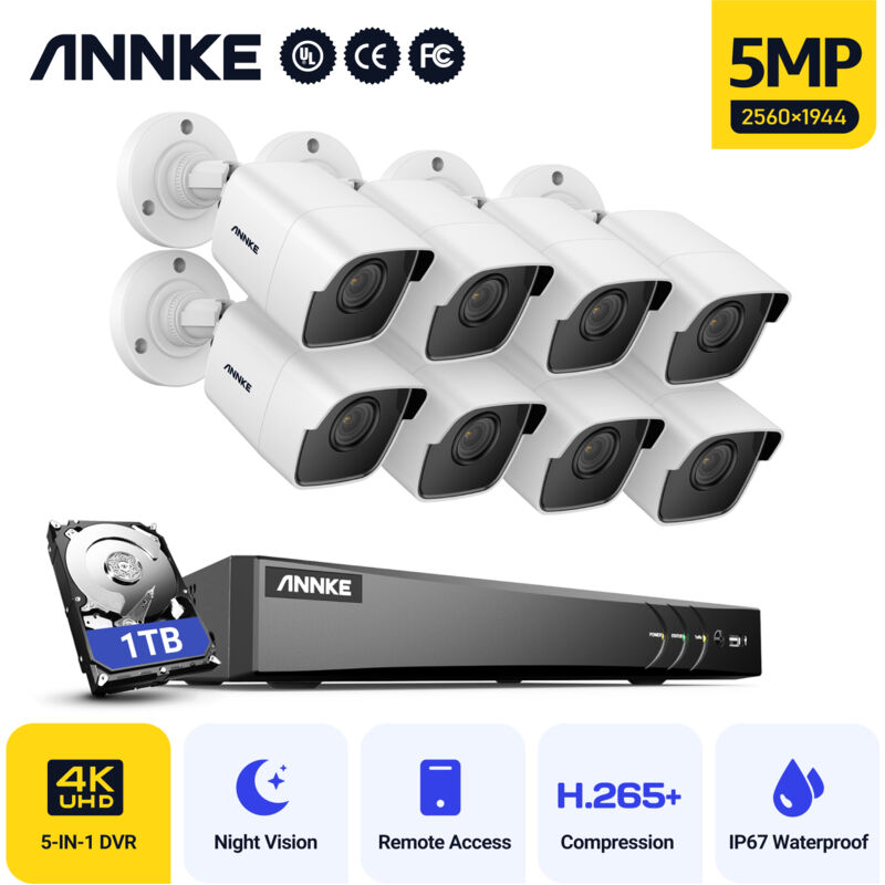 

Sistema de cámara CCTV Ultra HD 4K H.265 + de 8 canales y 8 × 5MP HD - Disco duro de 1TB incluido - Annke