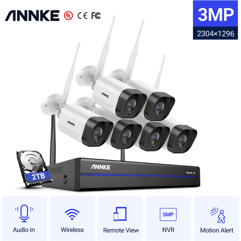 

ANNKE Sistema de cámara de seguridad IP WiFi de 8 canales con 6 cámaras de vigilancia inalámbricas para interiores y exteriores de 3MP con disco duro