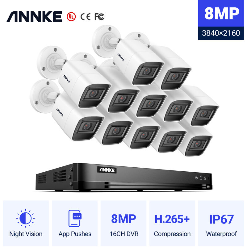 

ANNKE Sistema de cámara de seguridad CCTV DVR de 16 canales 4K con cámara tipo bala de 8MP ONVIF H.265 pro Stream EXIR Kits de videovigilancia de