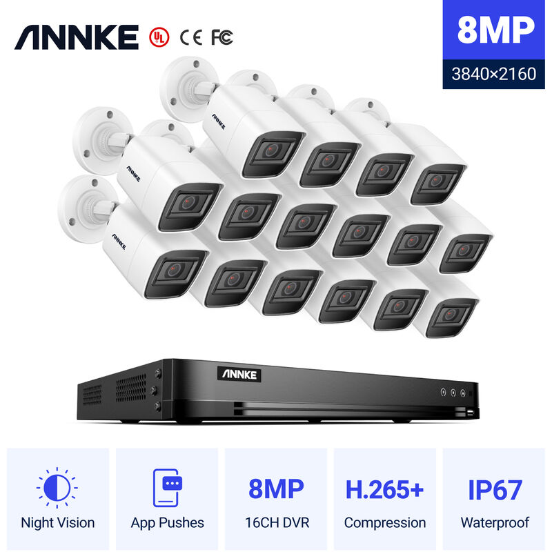 

Annke - Sistema de cámara de seguridad CCTV DVR de 16 canales 4K con cámara tipo bala de 8MP ONVIF H.265 pro Stream EXIR Kits de videovigilancia de