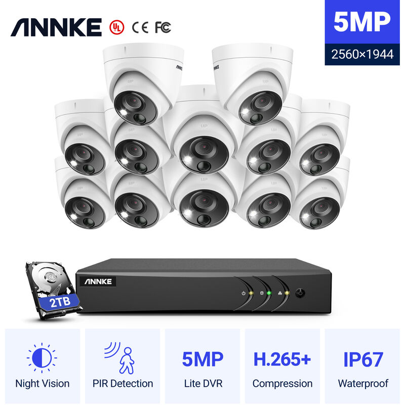 

ANNKE Sistema de cámara de seguridad con cable de 16CH 5MP H.265 Pro + DVR Vigilancia con 12 cámaras de exterior PIR de 5MP - con disco duro de 2TB