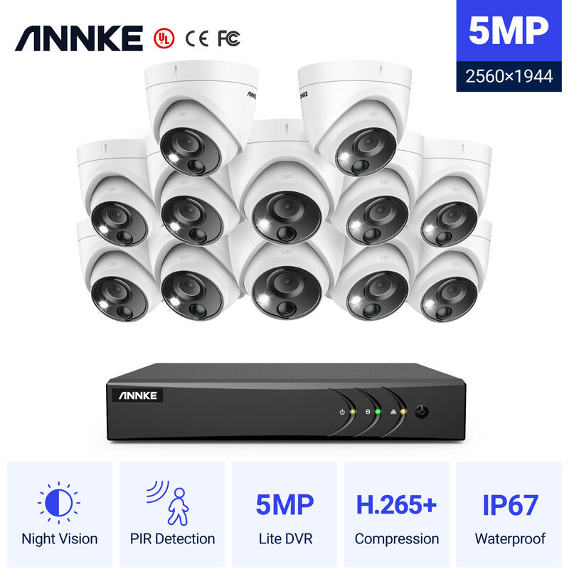 

ANNKE Sistema de cámara de seguridad con cable de 16CH 5MP H.265 Pro + DVR Vigilancia con cámaras para exteriores PIR de 12pcs 5MP - sin disco duro