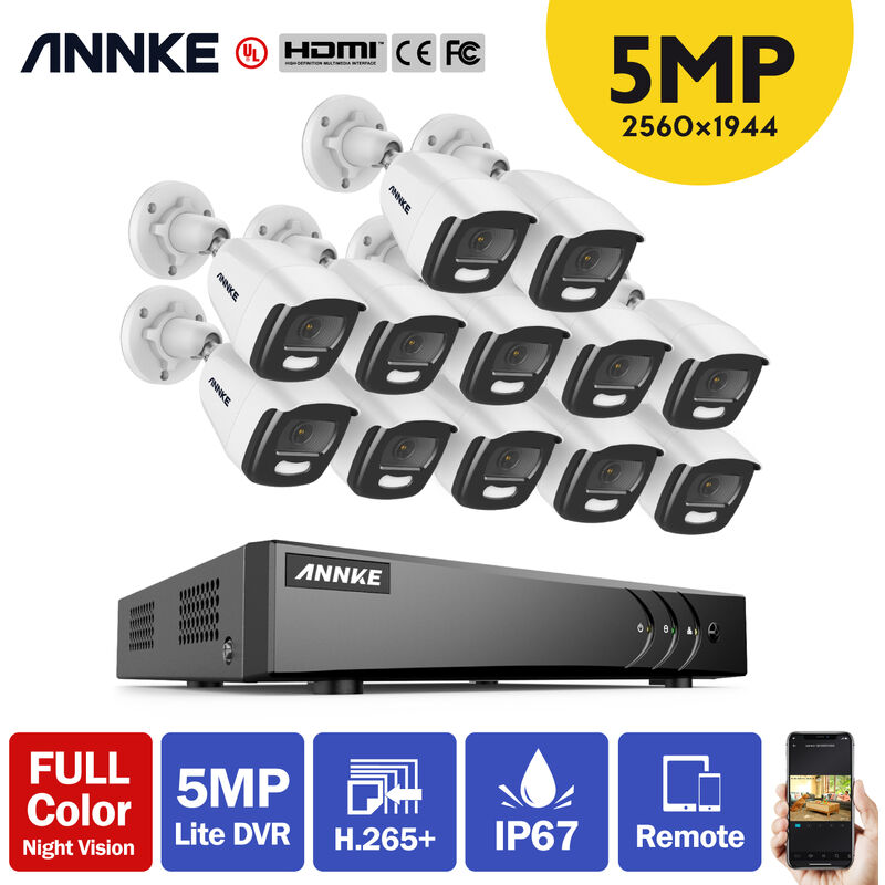 

Annke - Sistema de cámara de seguridad DVR con cable de 16 canales y 5MP con cámara de visión nocturna a todo color de 5MP para kits de