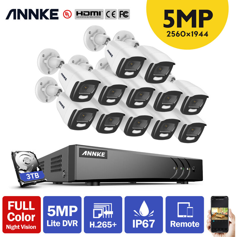 

ANNKE Sistema de cámara de seguridad DVR con cable de 16 canales y 5MP con cámara de visión nocturna a todo color de 5MP para kits de videovigilancia