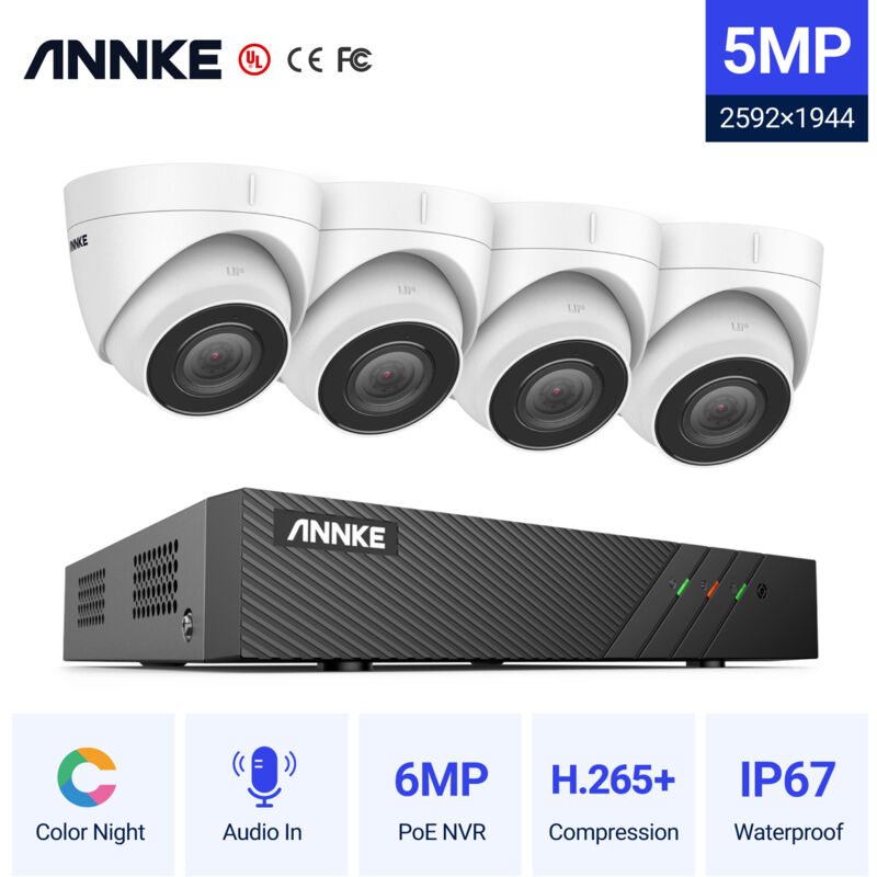 

ANNKE Sistema de cámara de seguridad IP PoE de 5 MP con cámaras de torreta ONVIF NVR de 6 MP con visión nocturna en color de 100 pies para exteriores
