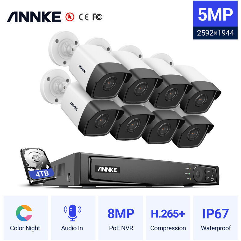 

ANNKE Sistema de cámara de seguridad IP PoE de 5MP ONVIF 8MP NVR Visión nocturna en color de 100 pies para el hogar kits de videovigilancia CCTV para