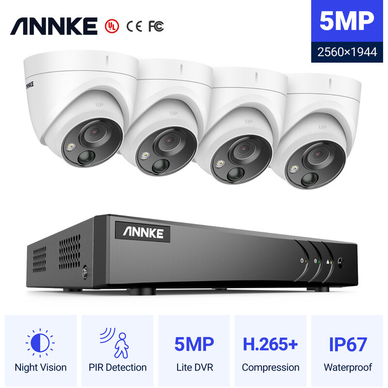 

Sistema de cámara de seguridad Super HD de 5MP DVR 5-en-1 de 8 canales con cámaras PIR para exteriores de 4 * 5MP - sin disco duro - Annke