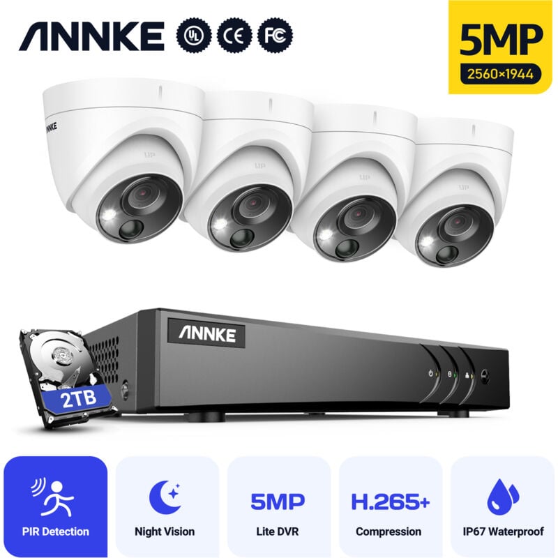 

Annke - Sistema de cámara de seguridad Super HD de 5MP DVR 5-en-1 de 8 canales con cámaras PIR para exteriores de 4 * 5MP - Incluye disco duro de 2TB