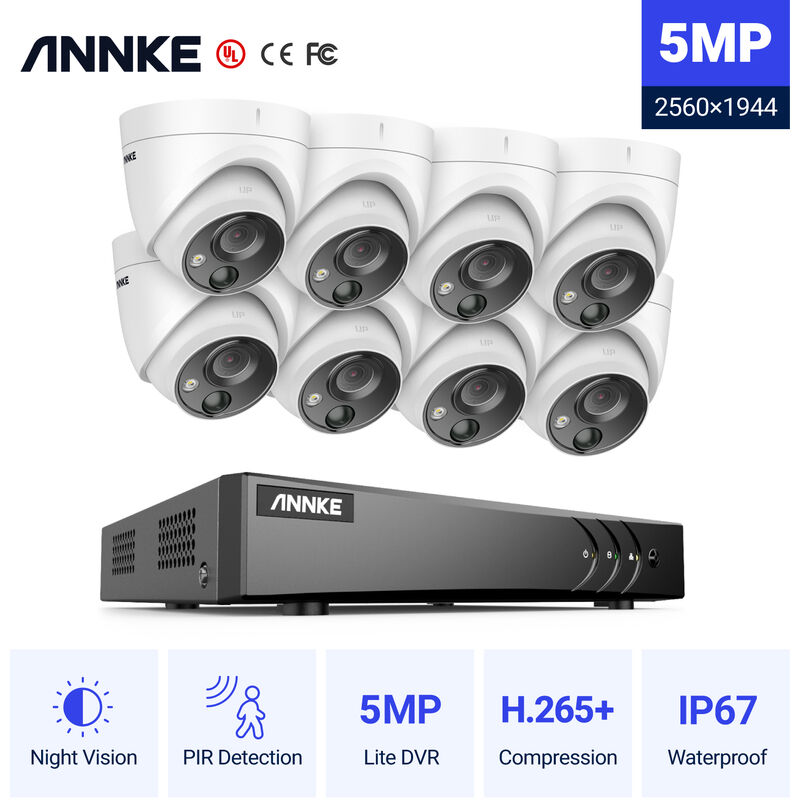 

ANNKE Sistema de cámara de seguridad Super HD de 5MP DVR 5-en-1 de 8 canales con cámaras PIR para exteriores de 8 * 5MP - sin disco duro