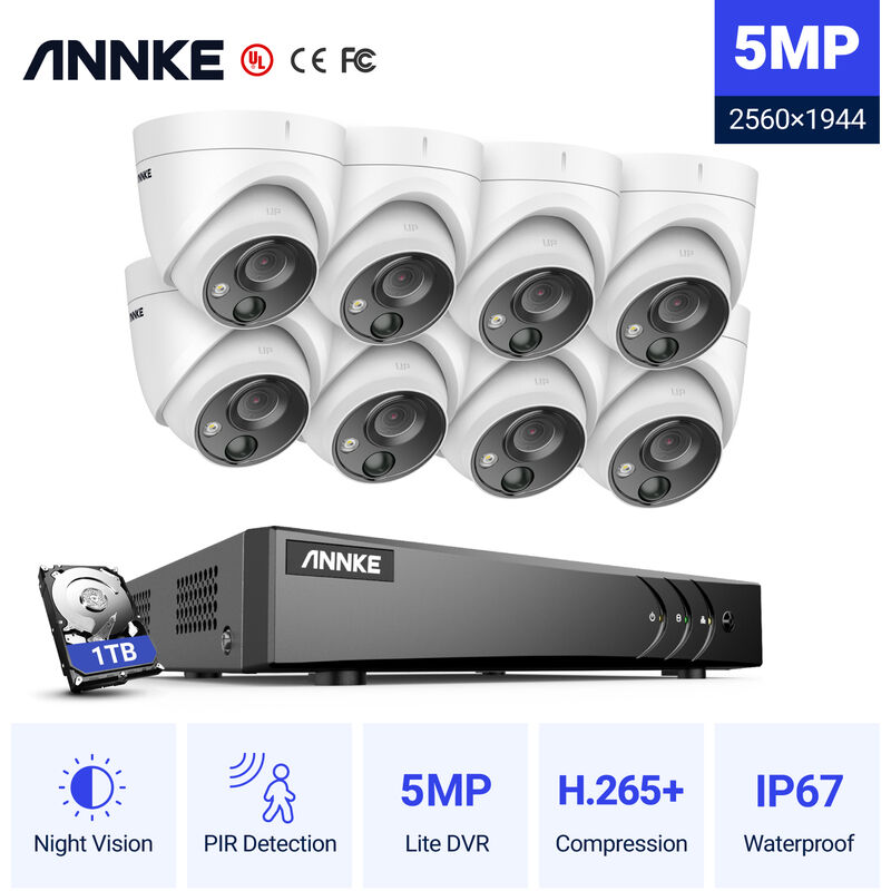 

ANNKE Sistema de cámara de seguridad Super HD de 5MP DVR 5-en-1 de 8 canales con cámaras PIR para exteriores de 8 * 5MP - Incluye disco duro de 1TB