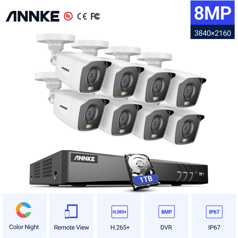 

ANNKE Sistema de cámaras de seguridad 4K Ultra HD DVR con visión nocturna a todo color 24/7 Vigilancia CCTV en interiores y exteriores con luz