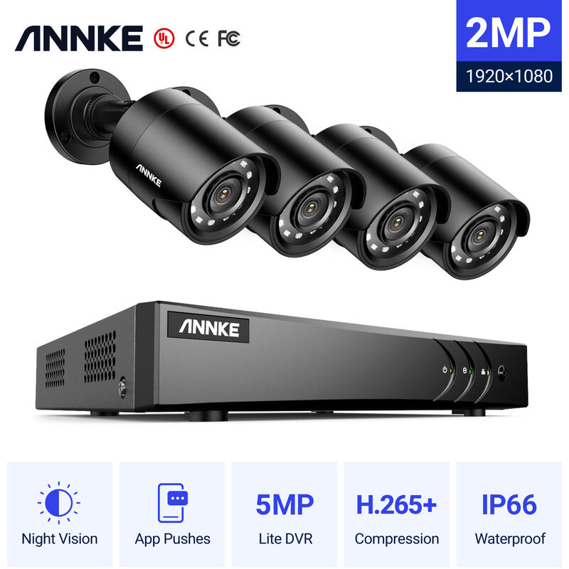 

ANNKE Sistema de cámaras de seguridad 8CH HD DVR H.265 + 5MP Lite con cámaras CCTV para interiores / exteriores 1080P HD 4 cámaras negras - Sin disco