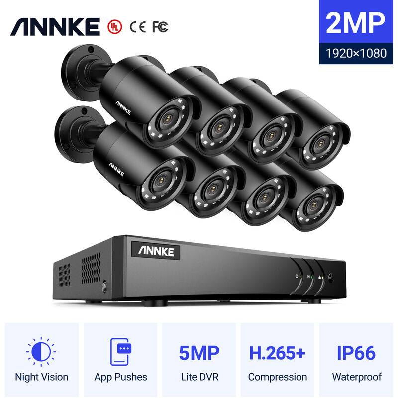 

ANNKE Sistema de cámaras de seguridad 8CH HD DVR H.265 + 5MP Lite con cámaras CCTV para interiores / exteriores 1080P HD 8 cámaras negras - Sin disco