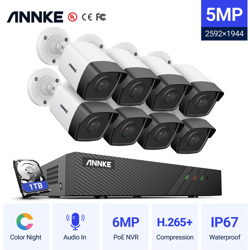 

ANNKE Sistema de seguridad de red 8CH Super HD PoE 5MP 8 cámaras estilo A - 1TB