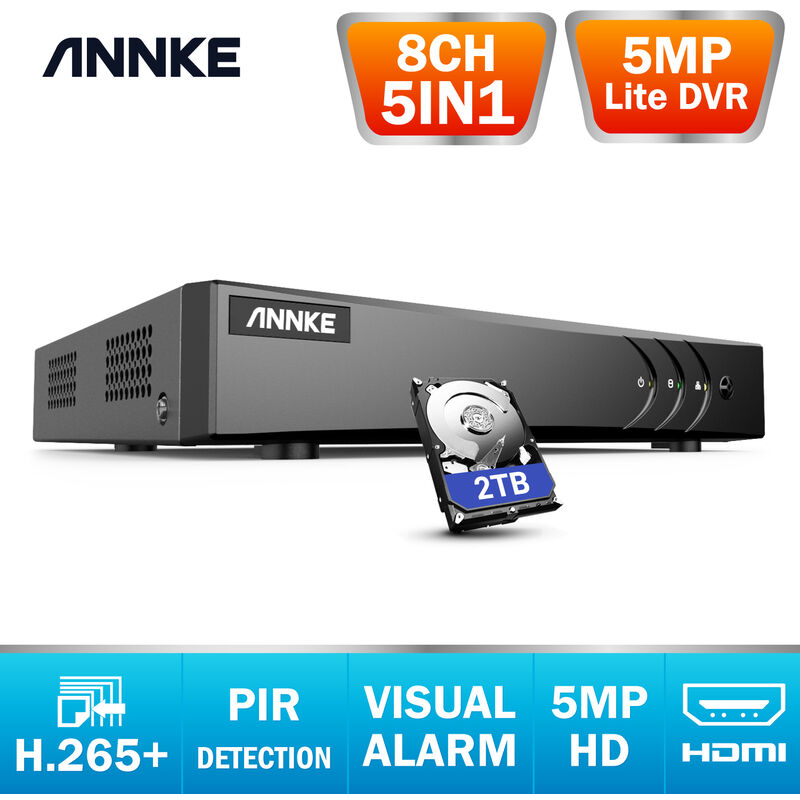 

ANNKE 8 Channel 5MP Lite Hybrid 5-en-1 H.265 + Grabador de video de seguridad DVR para sistema de cámara de seguridad para el hogar - Disco duro de