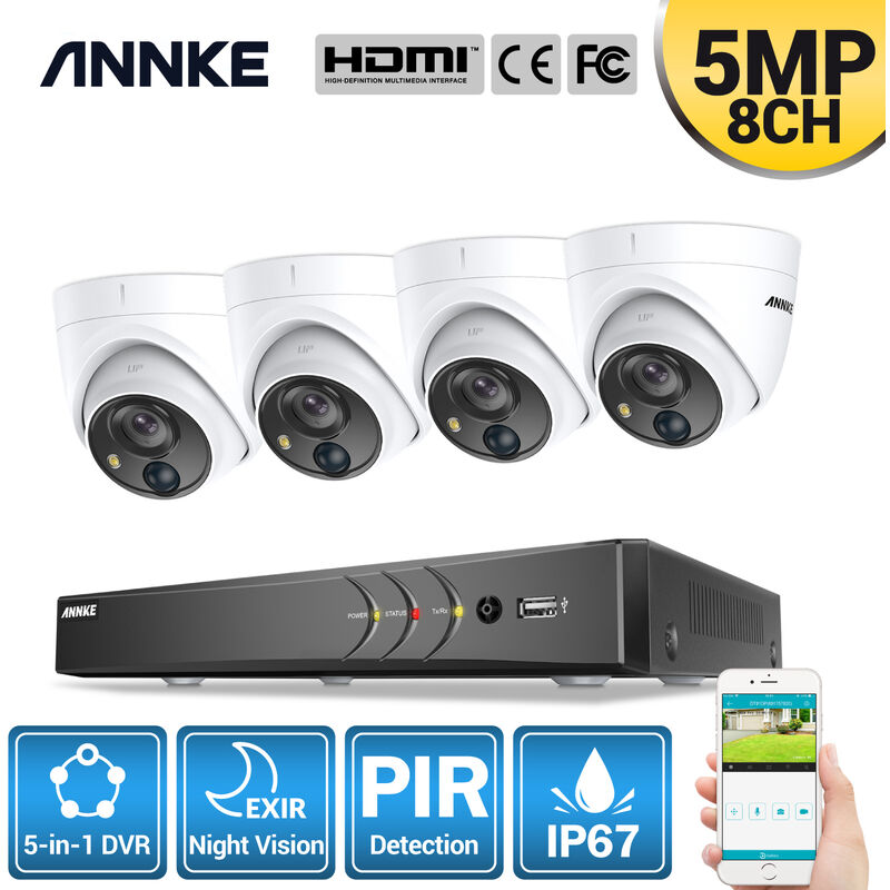 

ANNKE Sistema de videovigilancia 8 canales Ultra HD 4K H.265 DVR y 4PCS 5MP HD Kit de cámaras domo resistentes a la intemperie - Disco duro de 0TB