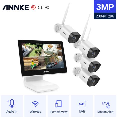 ANNKE Sistema de videovigilancia de 8 canales 1080P FHD Wi-Fi NVR con monitor LCD de 12 '', protector de pantalla automático, cámaras IP tipo bala de 4 × 1080 p para interiores y exteriores
