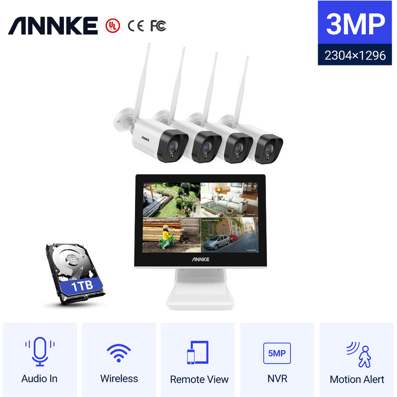 

Annke - Sistema de videovigilancia NVR WiFi Full HD de 4 canales 3MP con monitor LCD de 10.1 '' Sistema de seguridad inalámbrico Plug and Play, 4