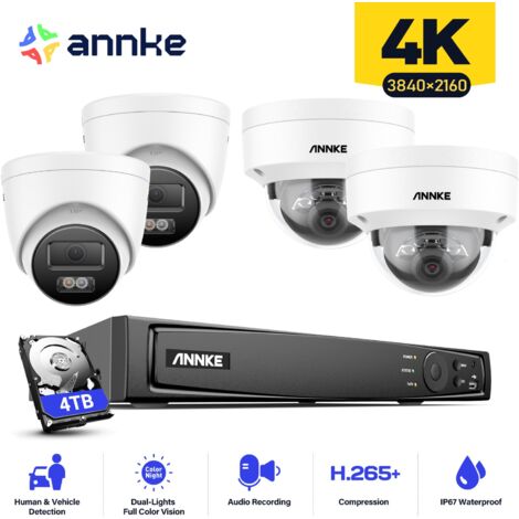ANNKE Sistema di telecamere di sicurezza 16CH 4K PoE, 8MP 4 Dome+4 Dome Telecamera di sorveglianza esterna per visione notturna, 4TB