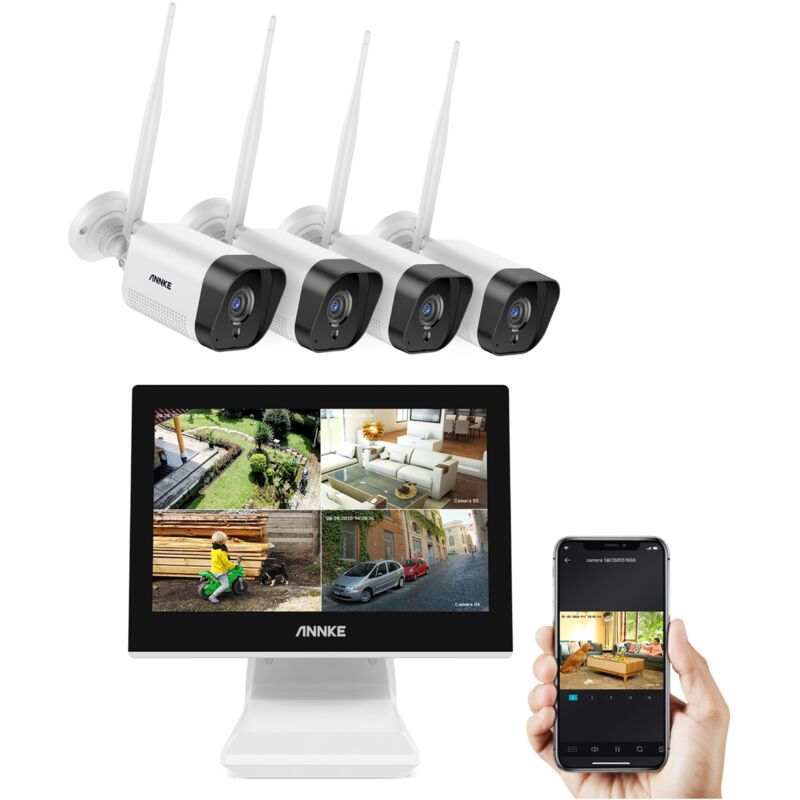 Annke - Système de vidéosurveillance nvr Wi-Fi 8CH 1080P fhd avec écran lcd de 12 pouces, économiseur d'écran automatique, 4 × 1080P caméras ip