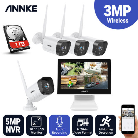 ANNKE Système de vidéosurveillance NVR Wi-Fi 8CH 1080P FHD avec écran LCD de 12 pouces, économiseur d'écran automatique, 4 × 1080P caméras IP bullet d'intérieur et d'extérieur
