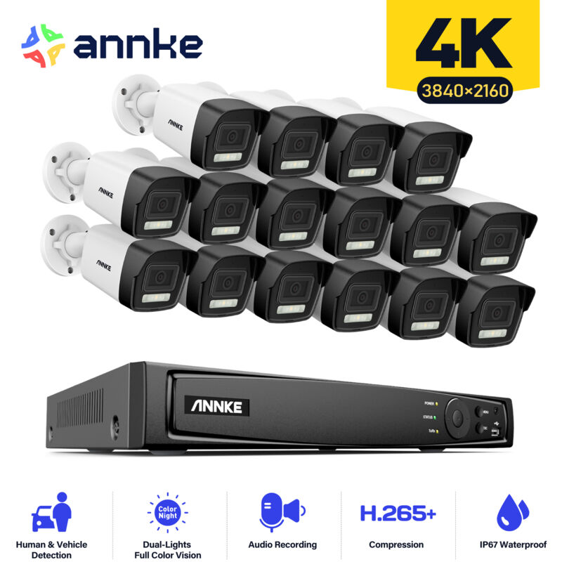

ANNKE Vigilancia 16K 4K Ultra HD PoE Sistema de seguridad de video en red 16CH 4K H.265 + NVR de vigilancia con 16 cámaras HD de alta definición de