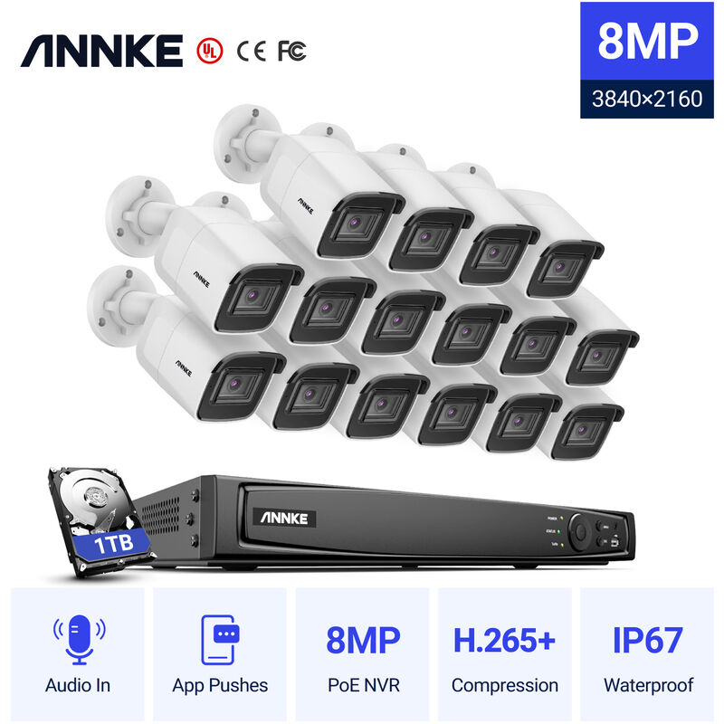 

ANNKE Vigilancia 16K 4K Ultra HD PoE Sistema de seguridad de video en red 16CH 4K H.265 + NVR de vigilancia con 16 cámaras HD de alta definición de