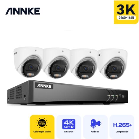 ANNKE Wired Outdoor Turret CCTV Camera Kit, 8CH 3K H.265+DVR and 4 x 5MP Cameras, Color Night Vision, Remote Access, No HDD
