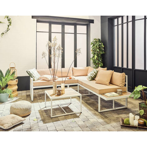 Anoha - eckgarnitur -set für den garten - weißer stahl - 5 sitze - beige kissen und tisch inklusive - weiß/beige