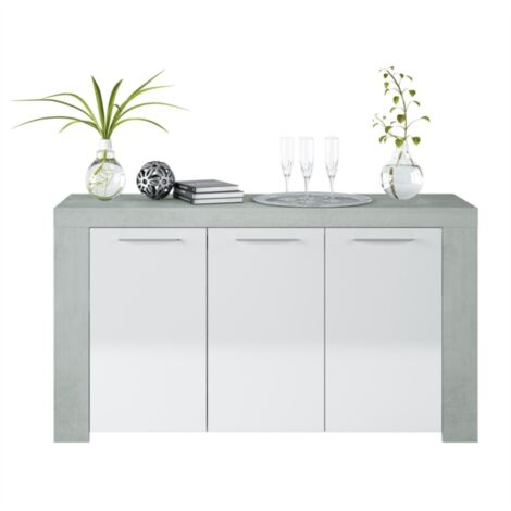 Anrichte Bellevue, Modernes Sideboard mit 3 Türen, Buffet im Wohnzimmer, Fernsehschrank, Sideboard für Wohnzimmer, cm 144x42h80, Beton und Weiß