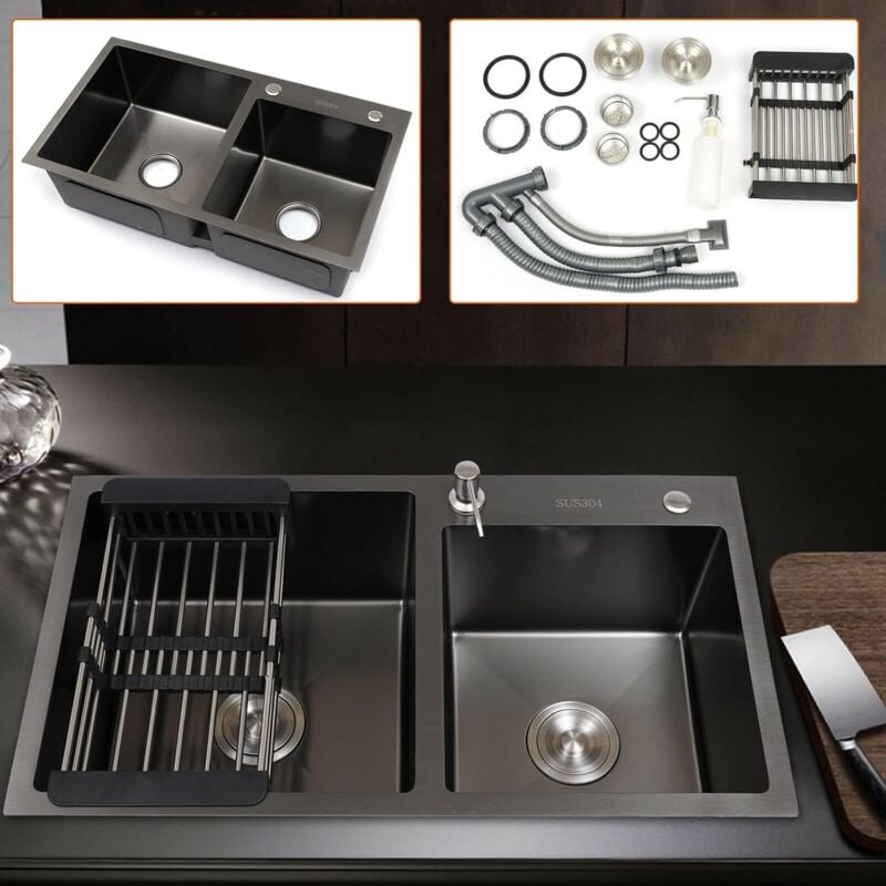 Double évier de cuisine en acier inoxydable 304 avec égouttoir, évier rectangulaire / double évier 78 x 43 x 22 cm (l x l x h) Noir