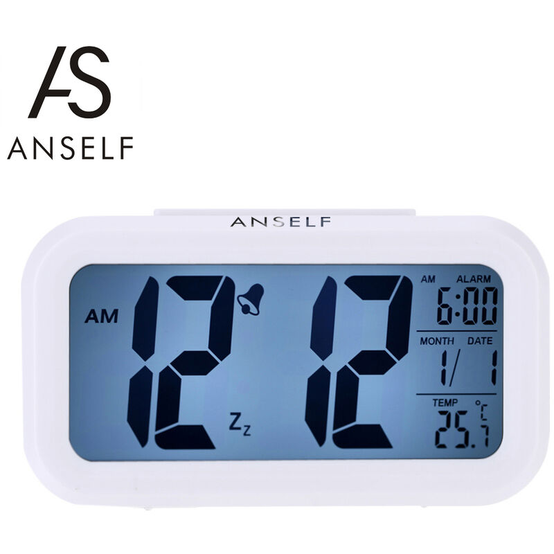 

LED Reloj despertador digital Repeticion Snooze Sensor activado por luz Luz de fondo Hora Fecha Temperatura Pantalla,blanco - Anself