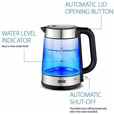 ANSIO®Electric Kettle Glass Kettle 1.7L Cordless 2200W Removable Filter, Boil Dry Protection & Auto Shut Off, LED Light Ring, Thermostat and Strix Controller
