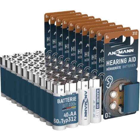 ANSMANN 60 Piles pour appareil auditif type 312 + 40 piles alcalines LR6