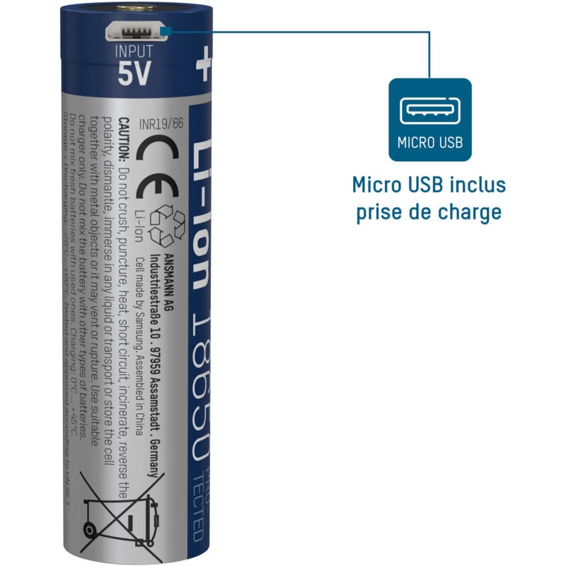 Accu Li-Ion 18650 3400 mAh avec prise de charge micro-USB Accu rechargeable Cellule - Ansmann