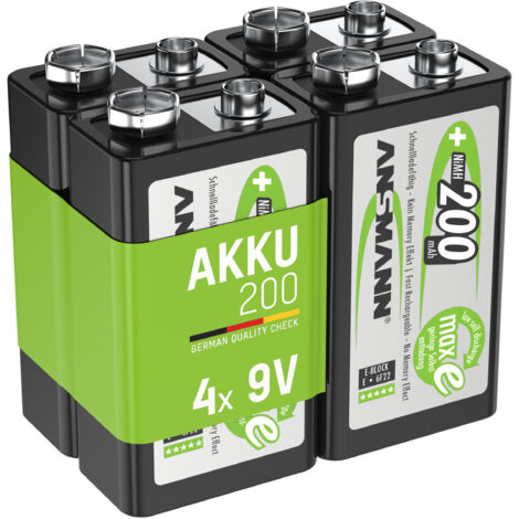ANSMANN Akku 9V 200mAh E-Block NiMH 1,2V – 1000x wiederaufladbar (4 Stück)