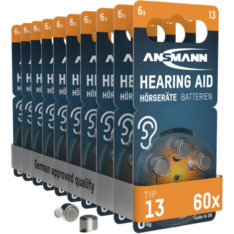 Ansmann – Piles auditives type 13 – Lot de 60 – Technologie zinc-air 1,45V – Durée de vie 4 ans – Sans mercure, respectueuses de l'environnement