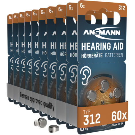 Ansmann – Piles zinc-air pour appareils auditifs 312 marron – 60 pièces – 1,45 V – Longue durée de vie de 4 ans – Écologique sans mercure